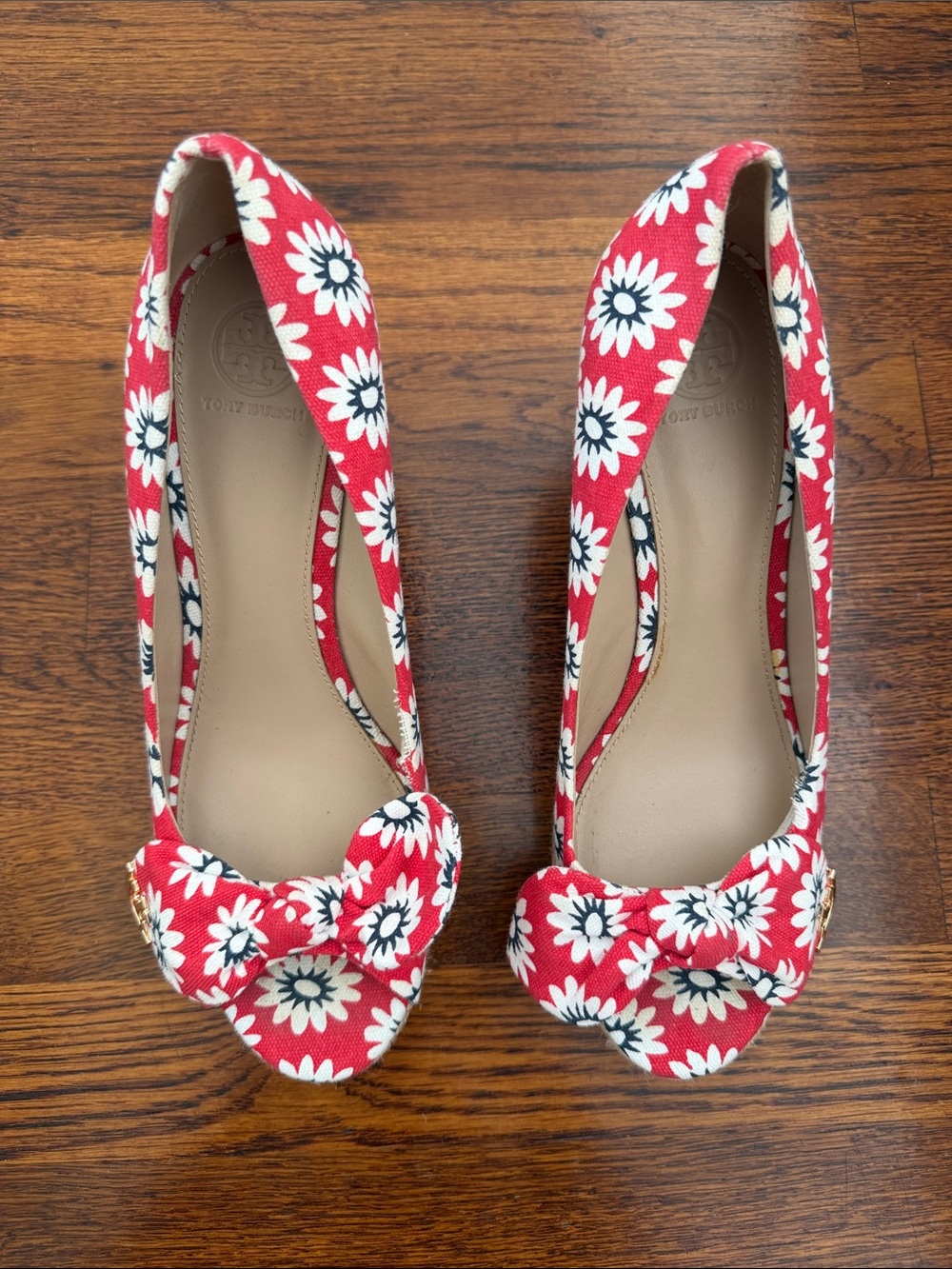GUC TORY BURCH Red Floral Bow Women's Espadrille Heels SIZE 9.5